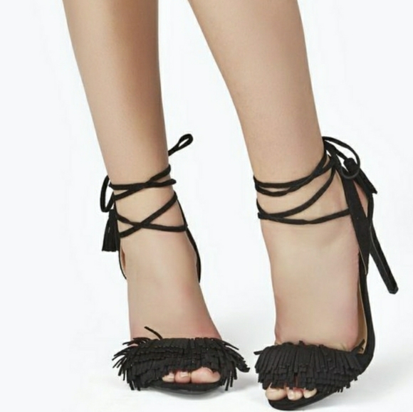 JustFab Tayrey Suede Wrap Around Fringe Tassel Stiletto Strappy Heels - Black - Picture 4 of 11